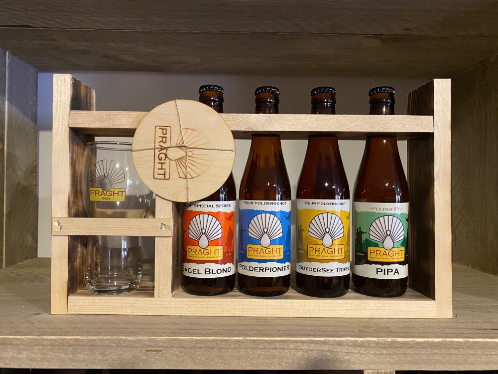 Praght Houtcadeau (pio,flevoboy, tripel , PIPA+glas) van Brouwerij Praght